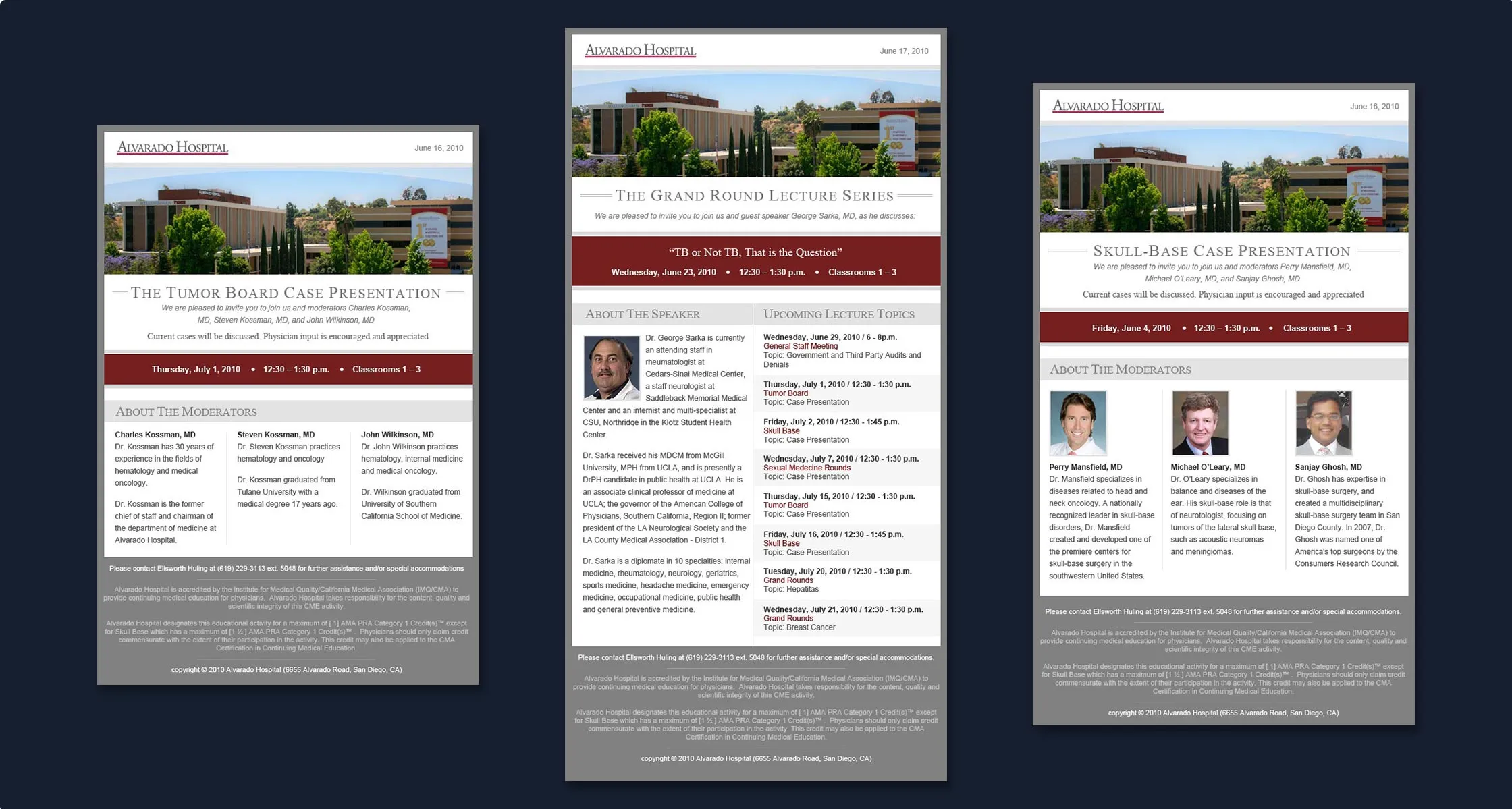 Three Alvarado Hospital physician newsletter issues side by side, each with the recurring Alvarado Hospital masthead, a hospital photo header, and lecture and event details