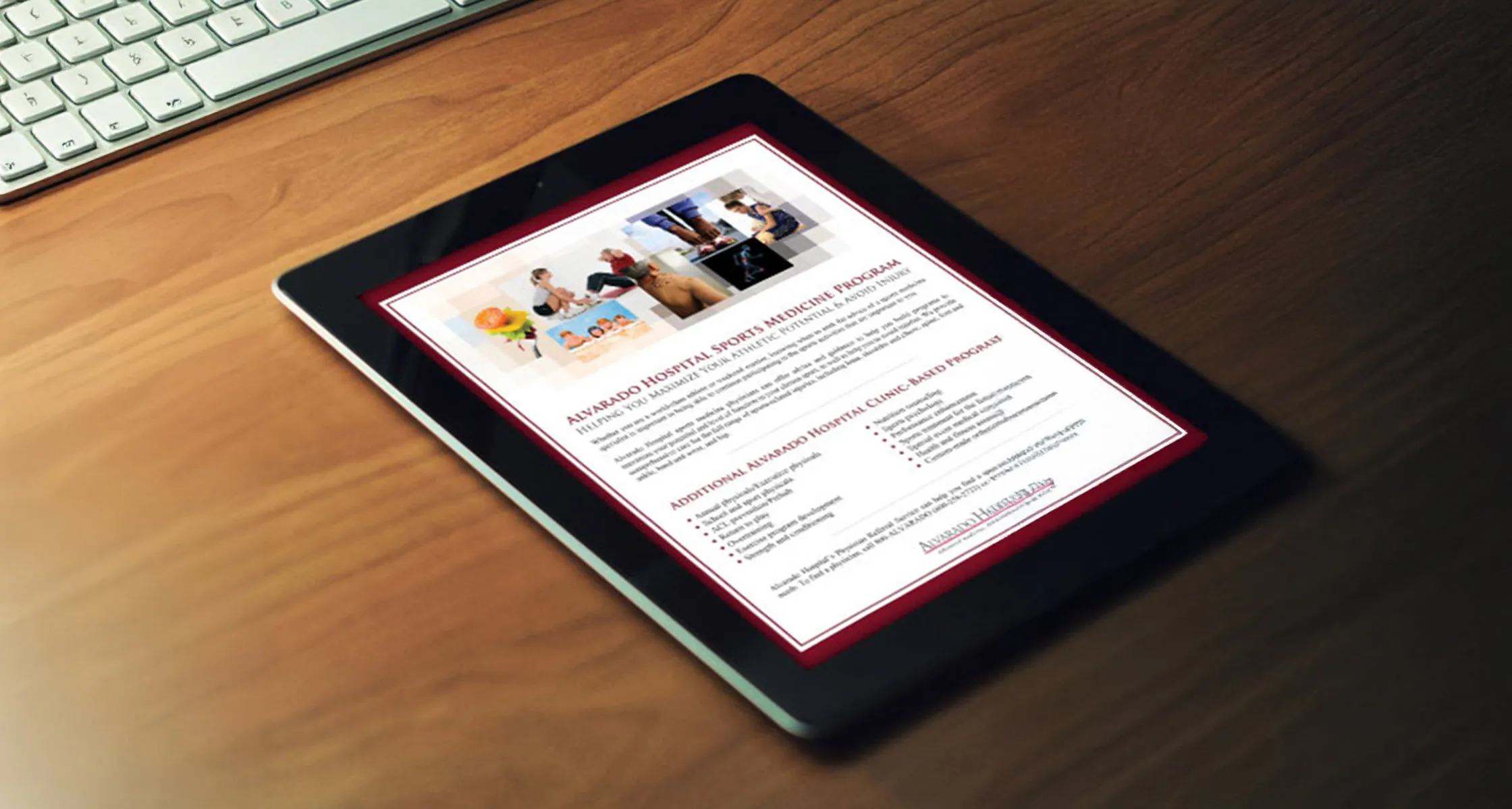 An Alvarado Hospital Sports Medicine Program digital flyer displayed on a tablet on a desk, with program details and a photo collage