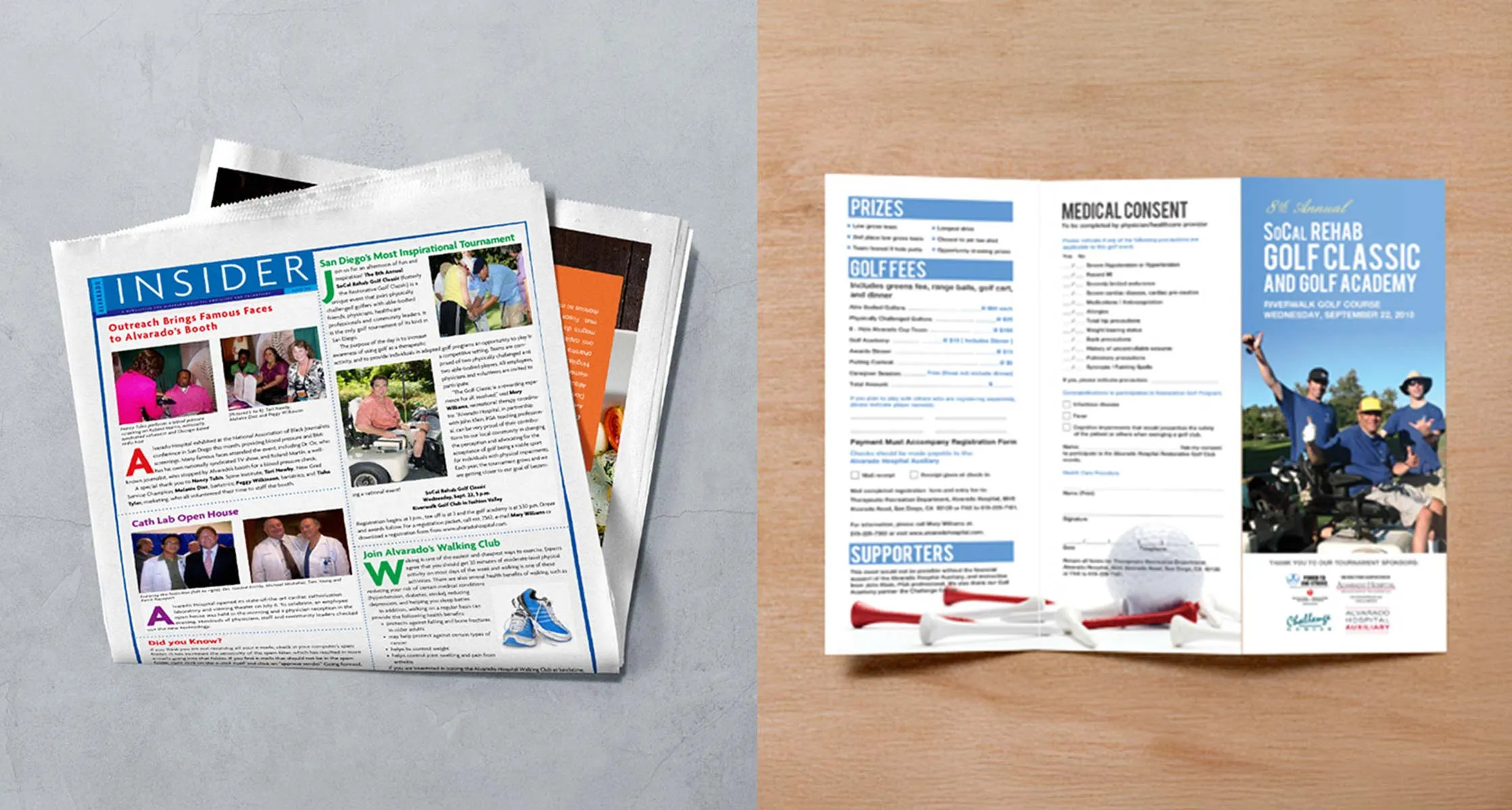 Two printed Alvarado Hospital pieces: the Insider community newsletter and a tri-fold SoCal Rehab Golf Classic and Golf Academy event brochure