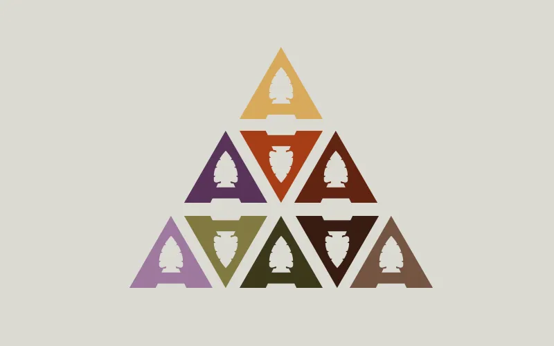 The Amanetania colorway system: nine versions of the triangular A mark in ochre, rust, plum, olive, moss, brown and lilac, arranged together into one larger triangle