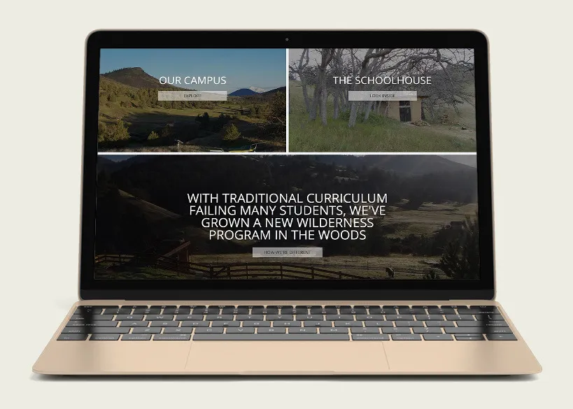 A website section on a laptop: linked panels for Our Campus and The Schoolhouse above a written statement about growing a new wilderness program in the woods