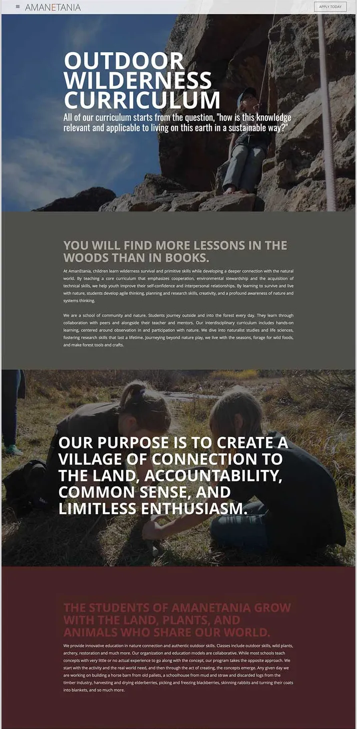 The upper half of the Outdoor Wilderness Curriculum page: the site header, the curriculum statement over a climbing photograph, a written block headed You will find more lessons in the woods than in books, the purpose statement about creating a village of connection to the land, and a block about students growing with the land, plants and animals