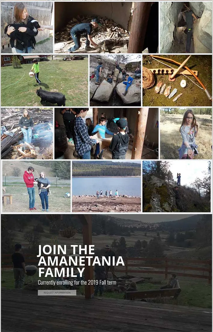The lower half of the same page: a grid of program photographs showing animals, fire-building, woodwork, climbing and lake trips, above the closing panel inviting visitors to join the Amanetania family