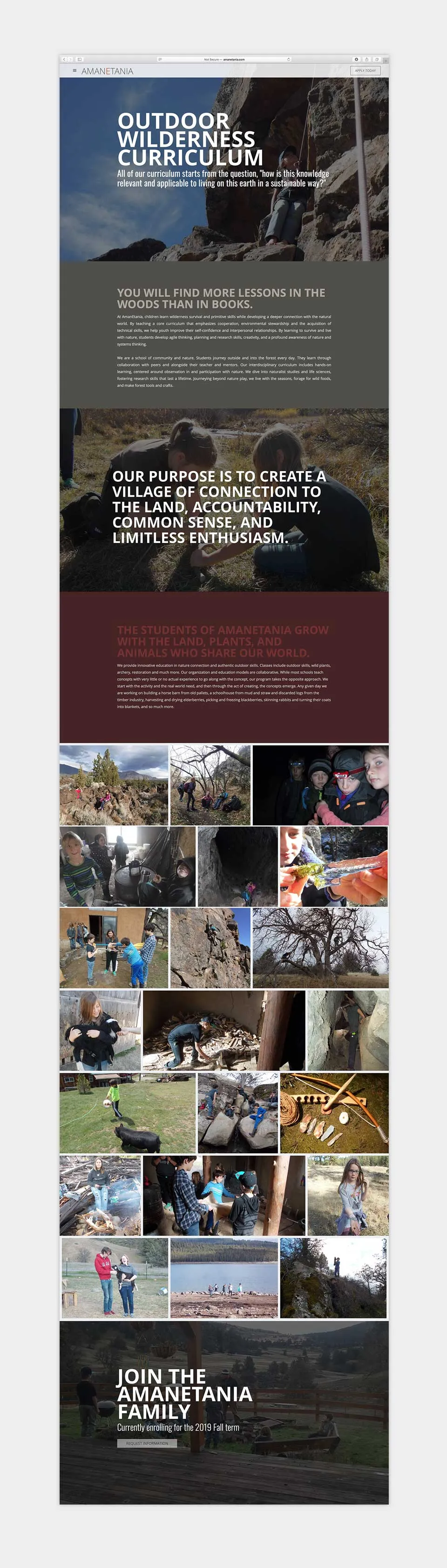 A full scroll of the Outdoor Wilderness Curriculum page: a photographic header, alternating written statements about lessons in the woods and the purpose of the program, a grid of program photographs, and a closing invitation to join the Amanetania family