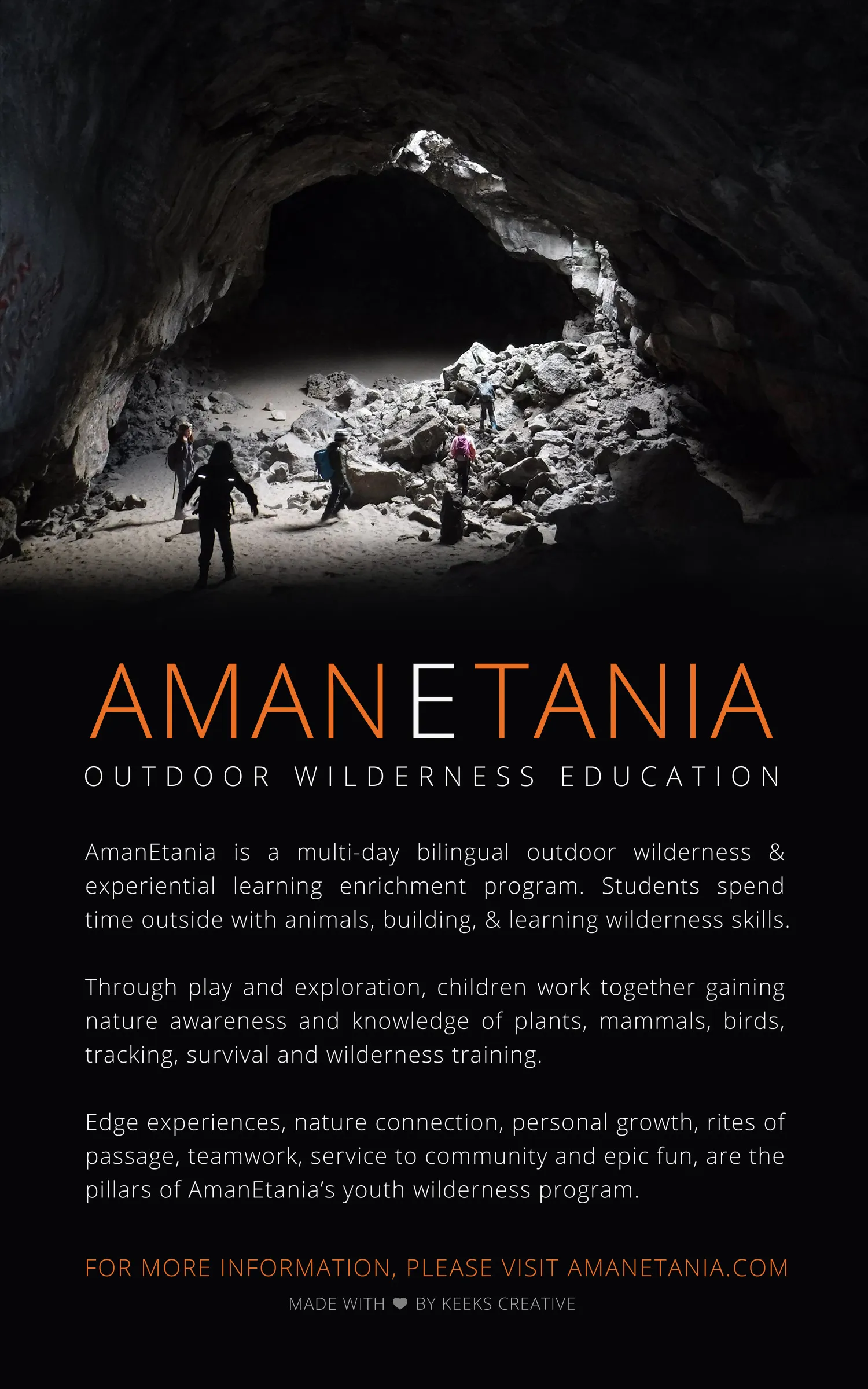 The full-page advertisement: participants small inside a vast cave mouth above the Amanetania name, the line Outdoor Wilderness Education, three paragraphs describing the program, and a closing line crediting Keeks Creative
