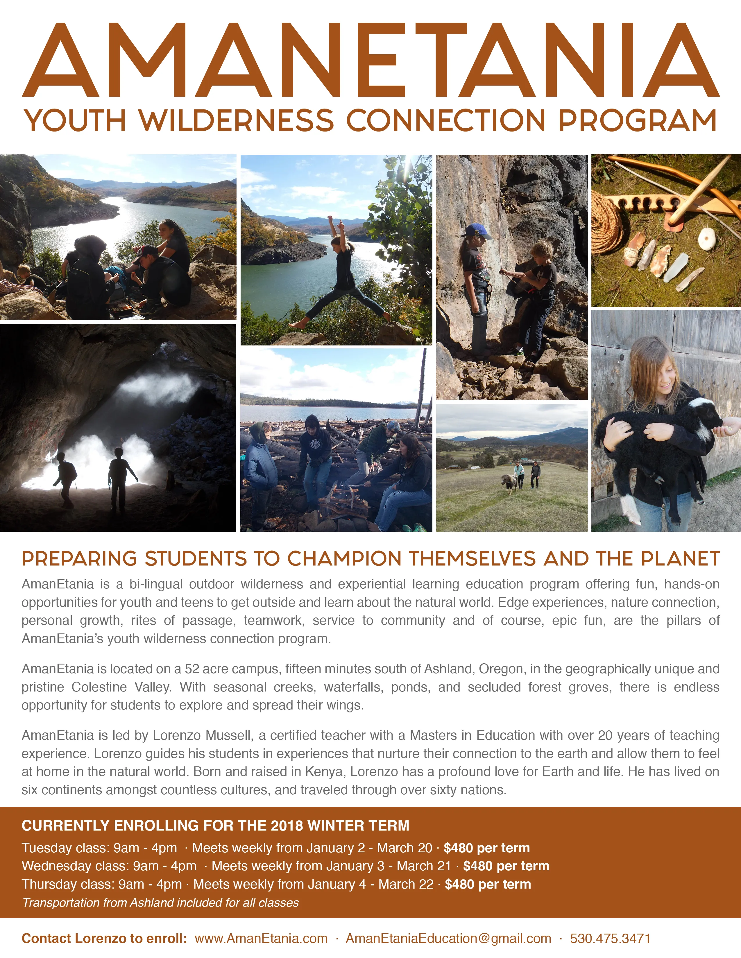The youth wilderness connection program flyer: the Amanetania name across the top, a grid of nine program photographs, the headline Preparing students to champion themselves and the planet, three paragraphs about the program and its campus, and the enrolling term details and contact information