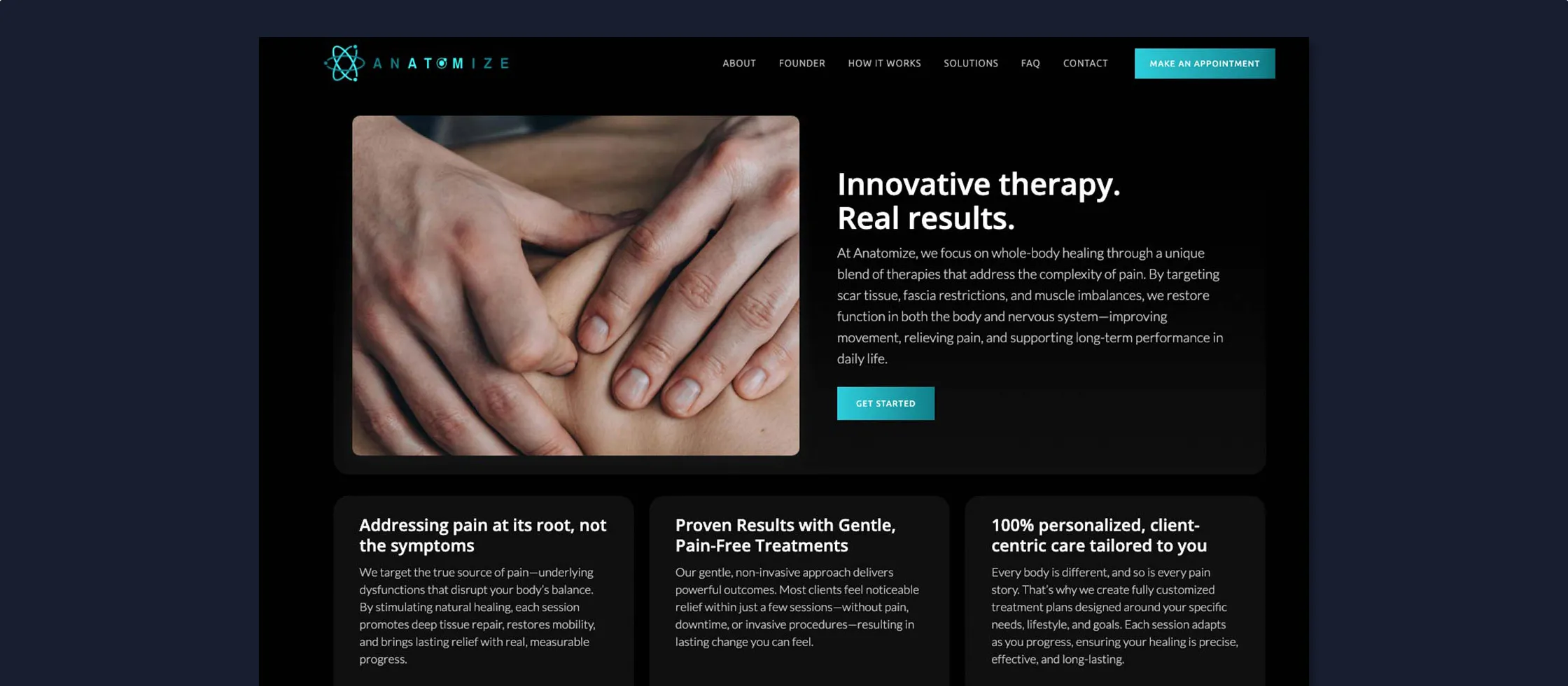 The Anatomize website homepage: an “Innovative therapy” hero and cards explaining the practice’s approach to pain