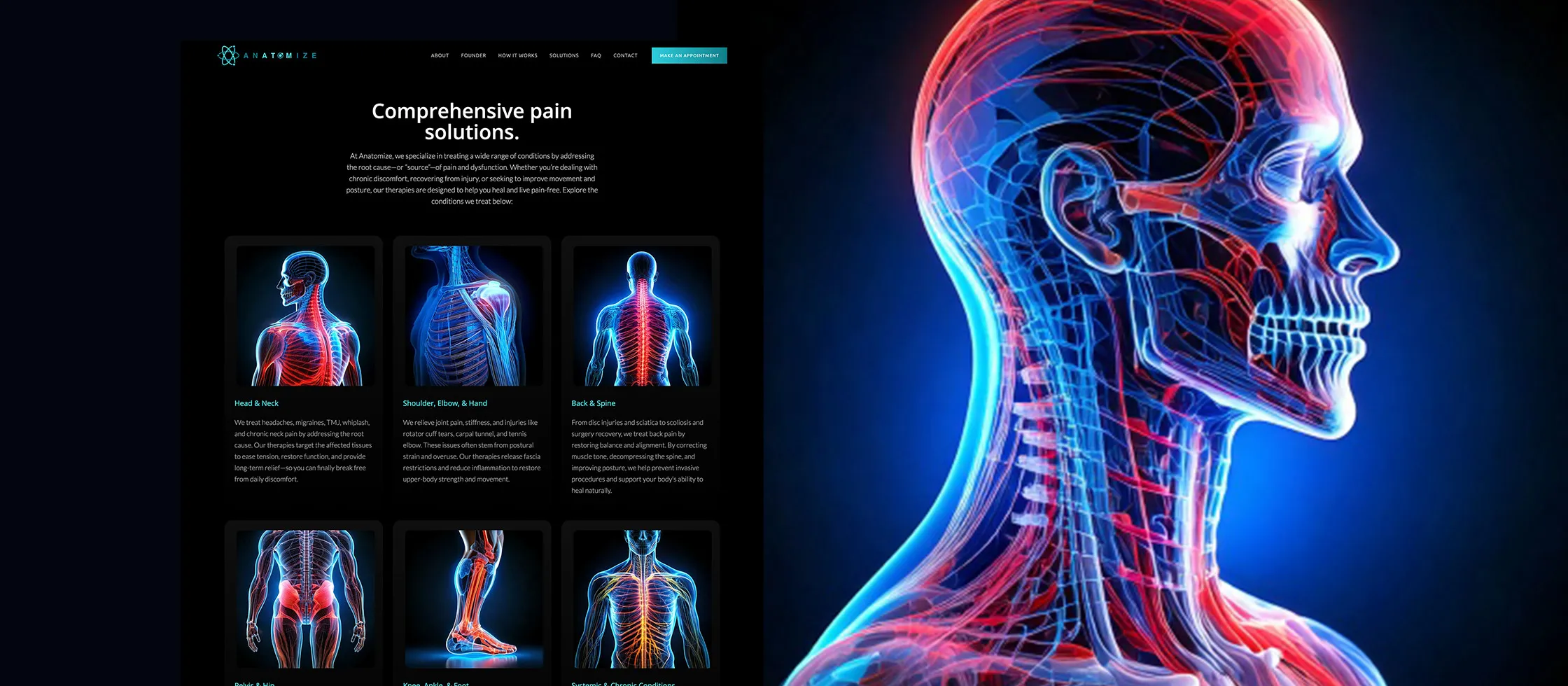 The Anatomize website service page: comprehensive pain-solution areas organized by region, with supporting anatomy imagery