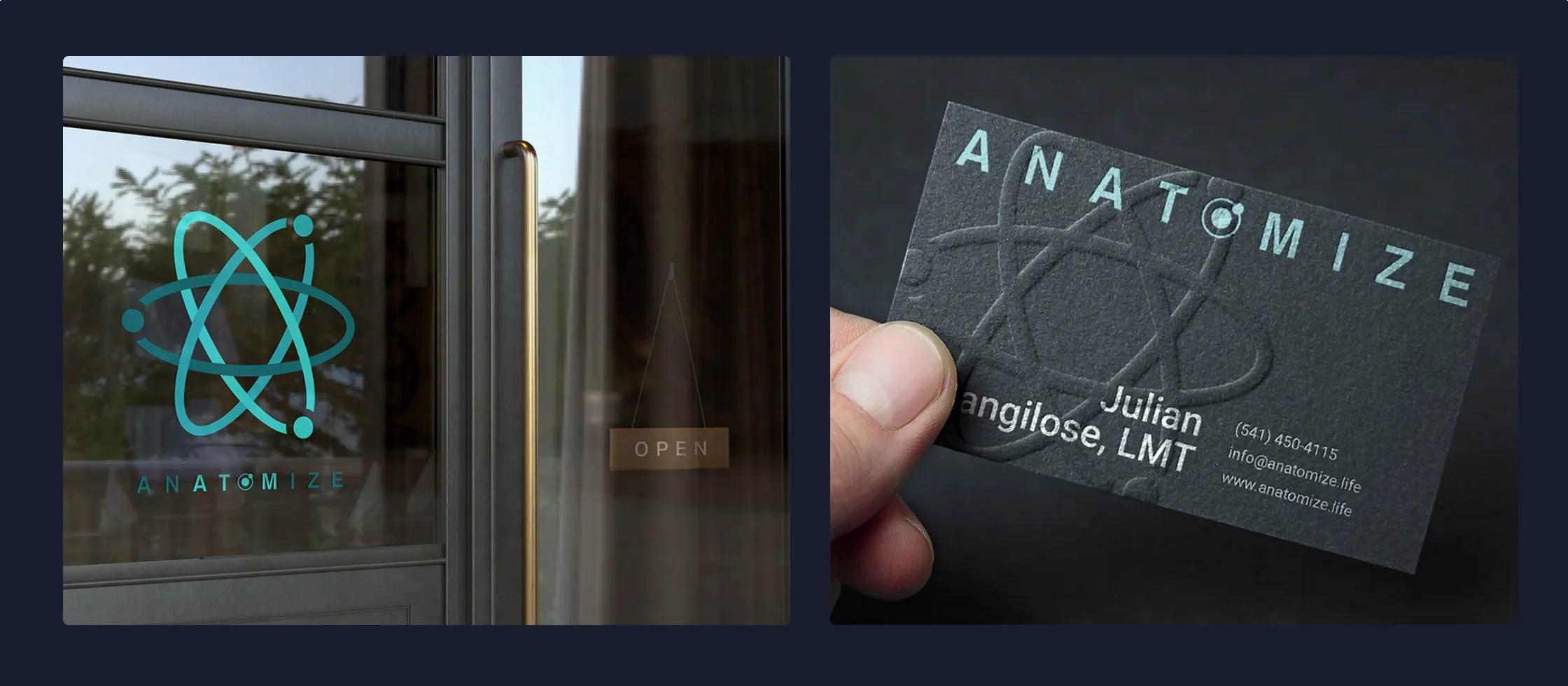 Anatomize physical touchpoints: storefront window signage with the etched logo, and an embossed Anatomize business card