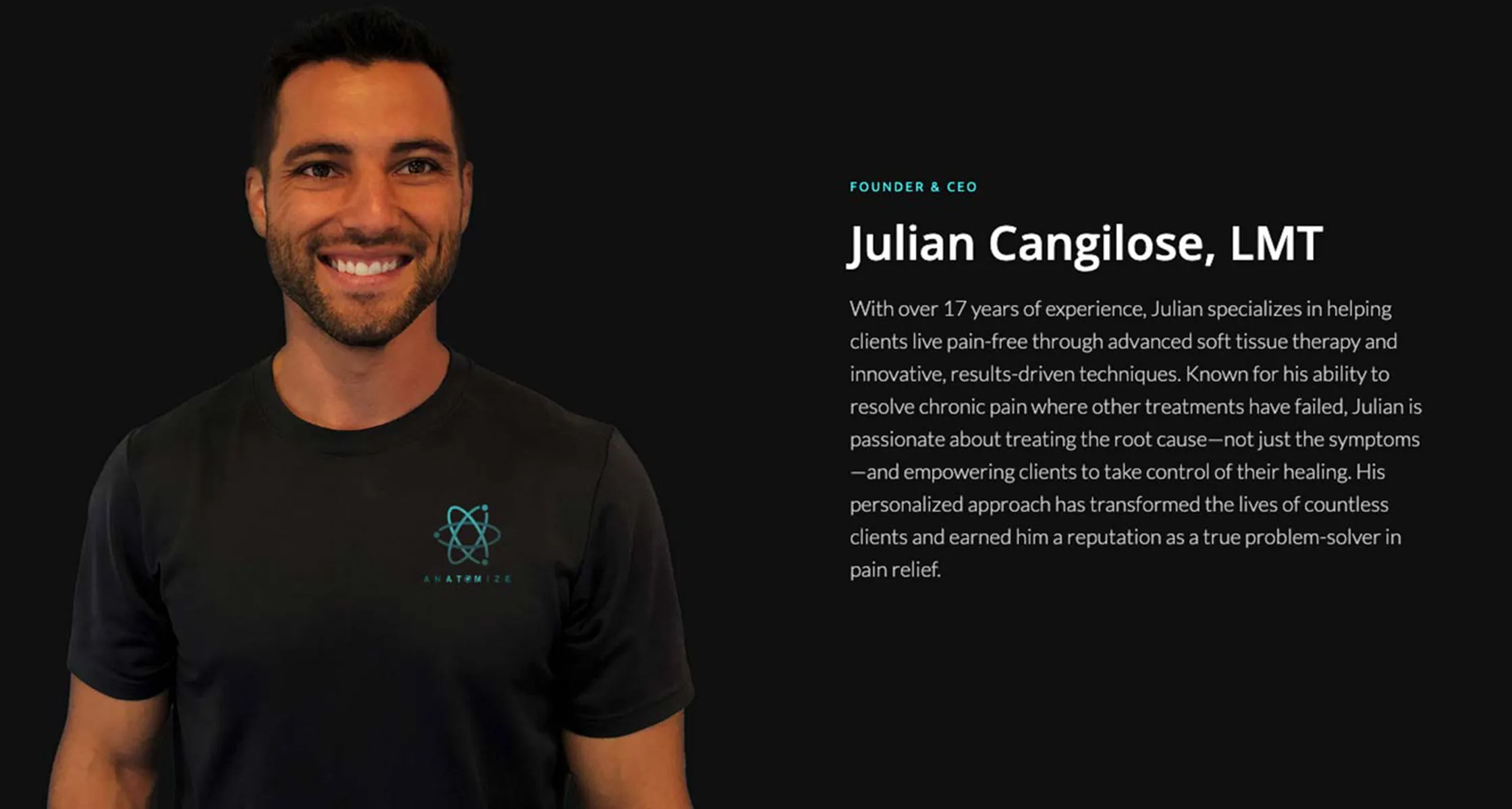 The Anatomize website founder and About section: the founder in branded apparel with a supporting bio