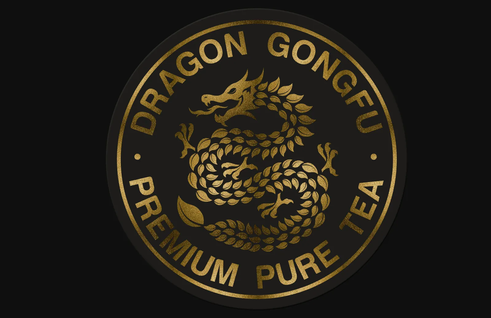 The gold Dragon Gongfu seal printed on the lid of a matte black tea tin