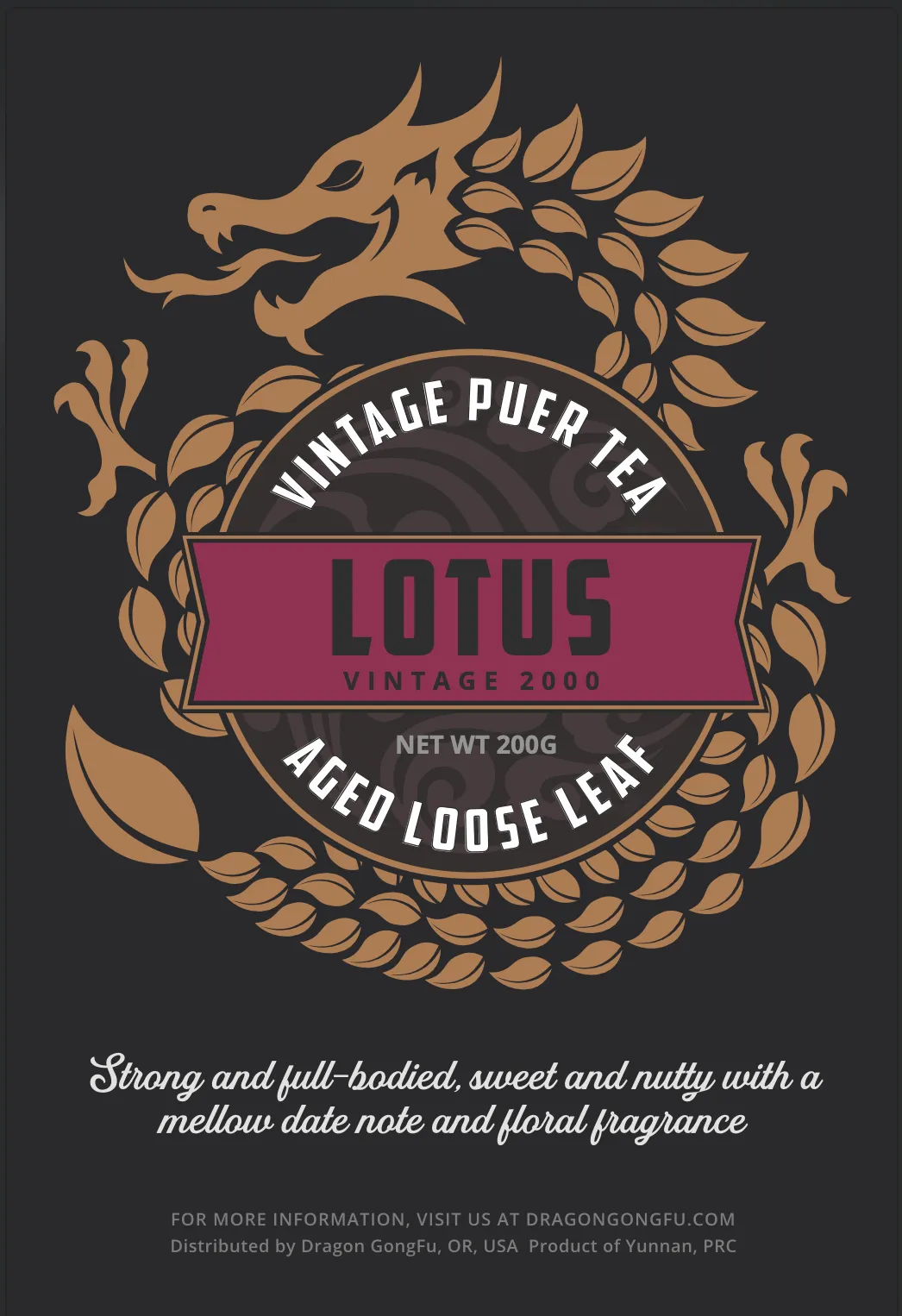 The finished Lotus label: a gold dragon wreath around the vintage year and a magenta name block