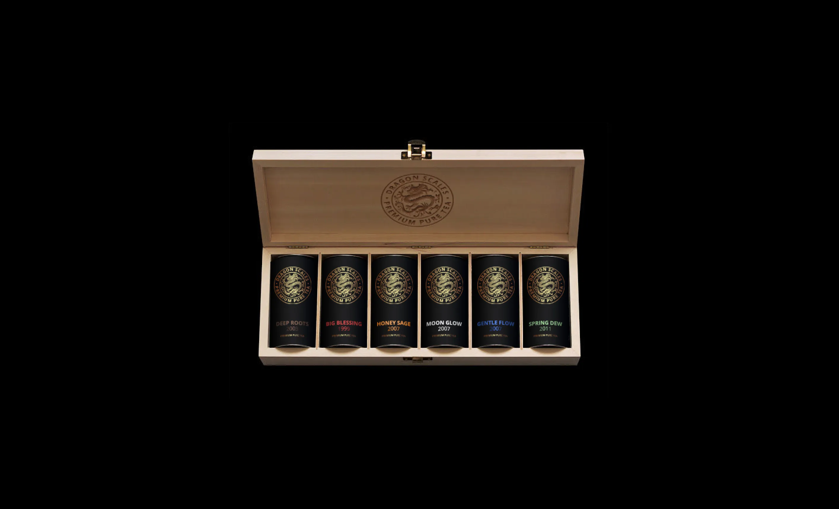 A hinged wooden presentation case holding six Dragon Gongfu tins in a row