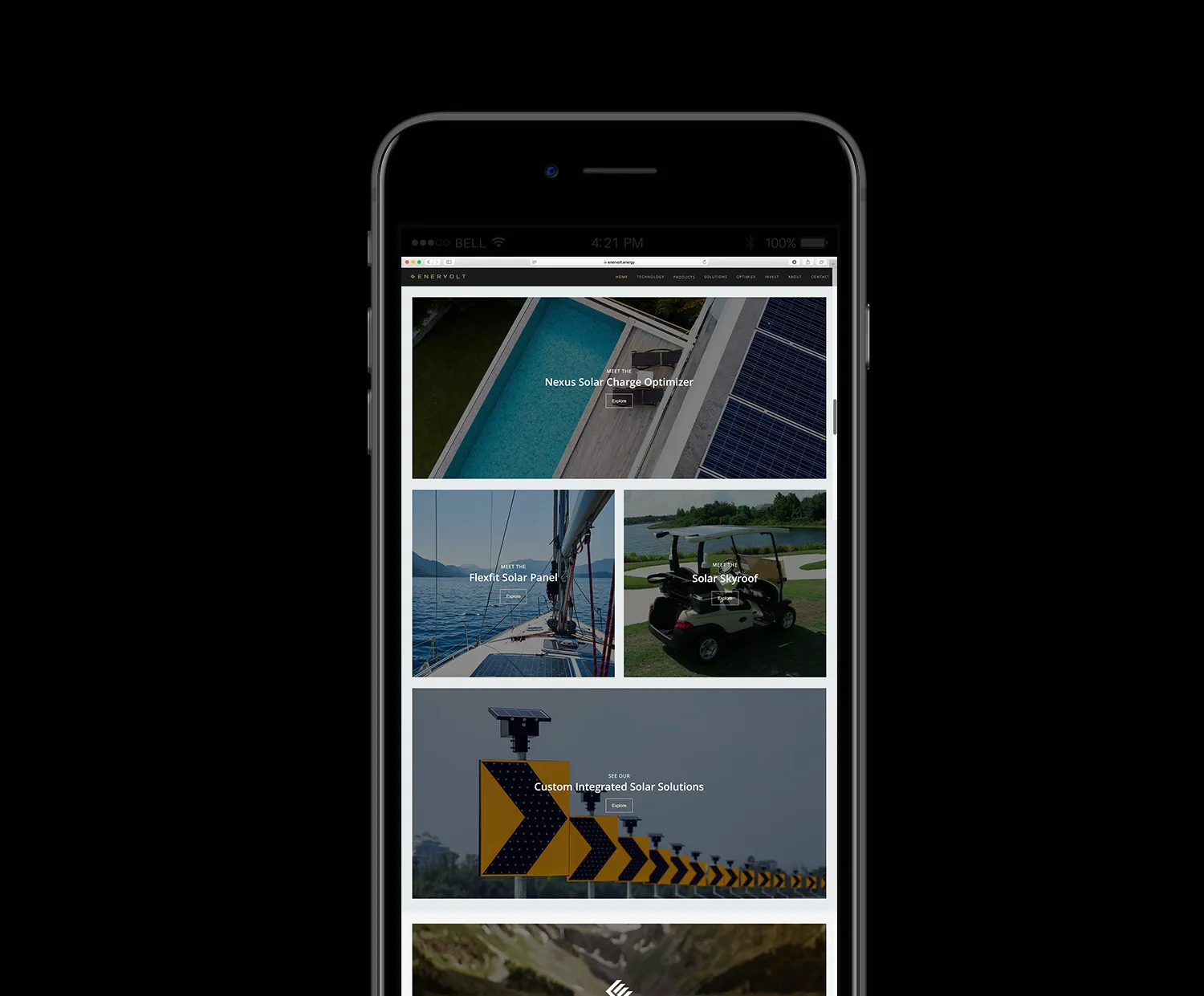 The Keeks-era Enervolt site on a phone, showing the Nexus Solar Charge Optimizer heading above stacked Flexfit Solar Panel and Solarwood product cards