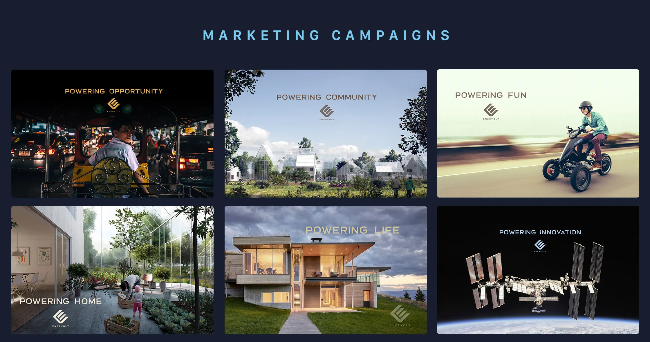 Enervolt marketing-campaign creative applying the brand across six themes: powering opportunity, community, fun, home, life, and innovation