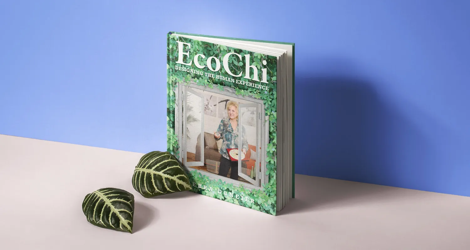 The printed EcoChi book standing upright against a blue wall beside two leaves