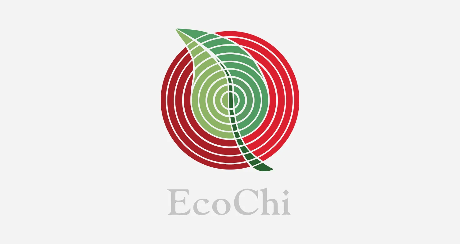 The EcoChi mark: a green leaf spiralling out of concentric red rings, above the EcoChi wordmark set in a serif face