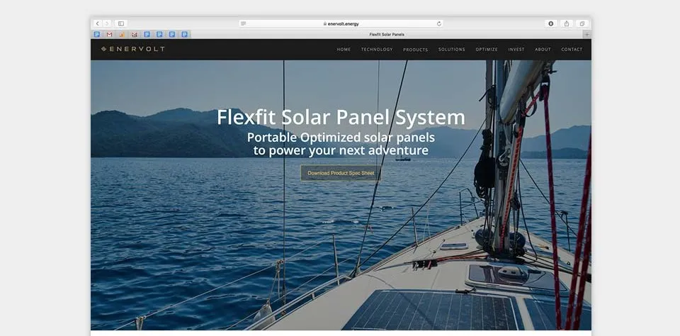 The Keeks-era Enervolt website for the Flexfit Solar Panel System, shown in a browser frame