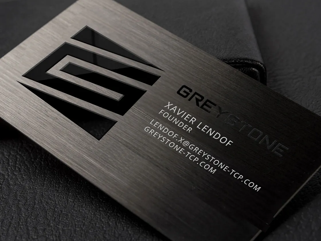 The Greystone business card: the metallic mark, wordmark, and founder contact details
