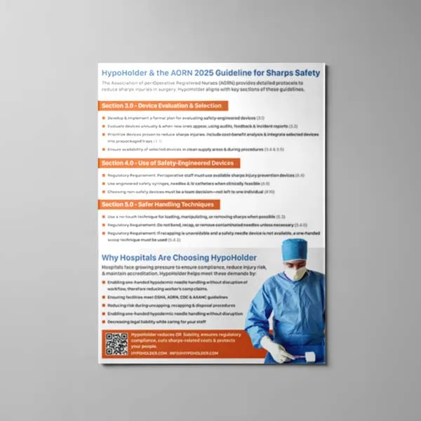 A printed one-pager setting HypoHolder against the AORN 2025 guideline for sharps safety, section by section
