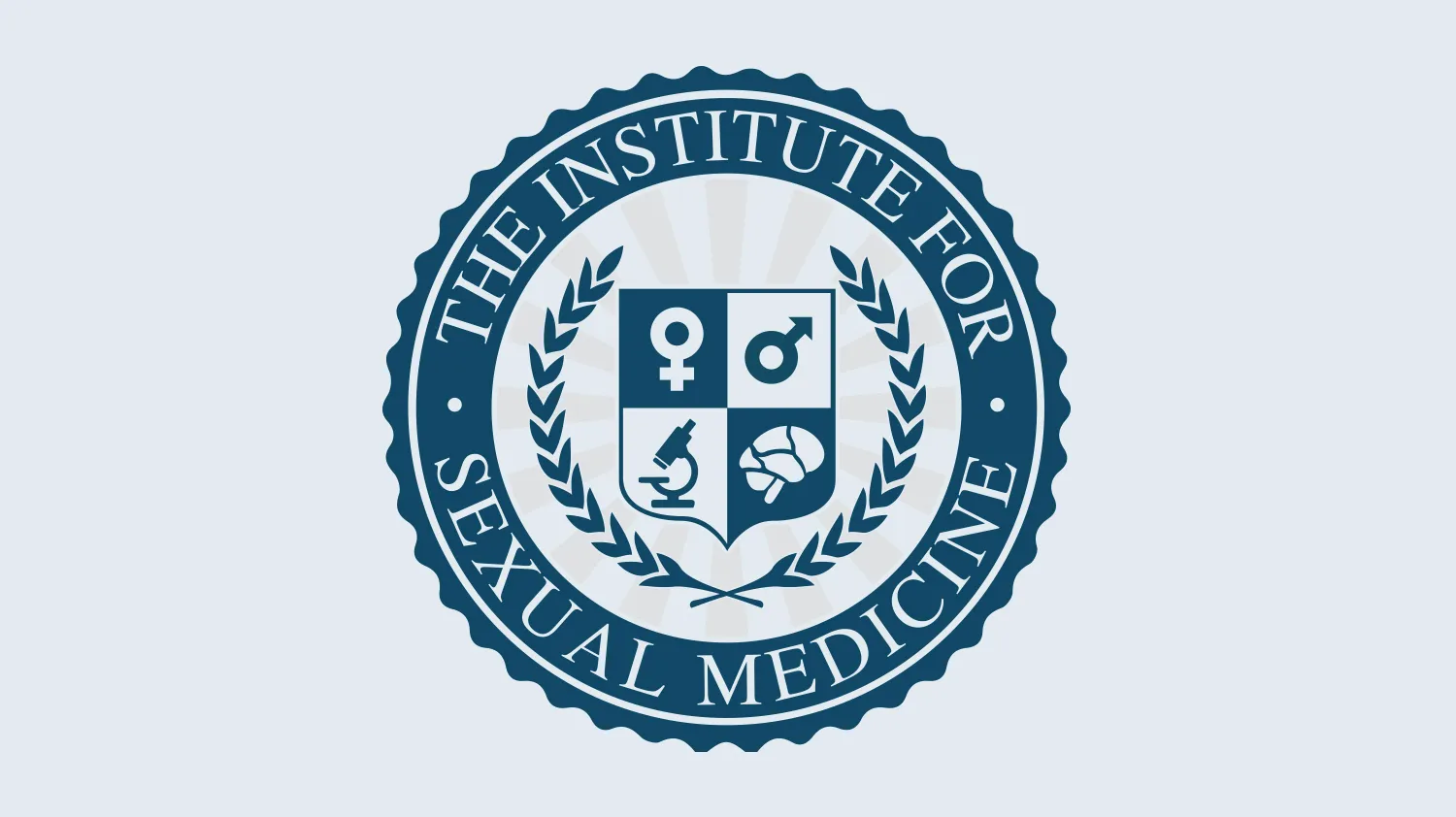The Institute for Sexual Medicine seal: female and male symbols, a microscope, and a brain on a shield inside a laurel wreath