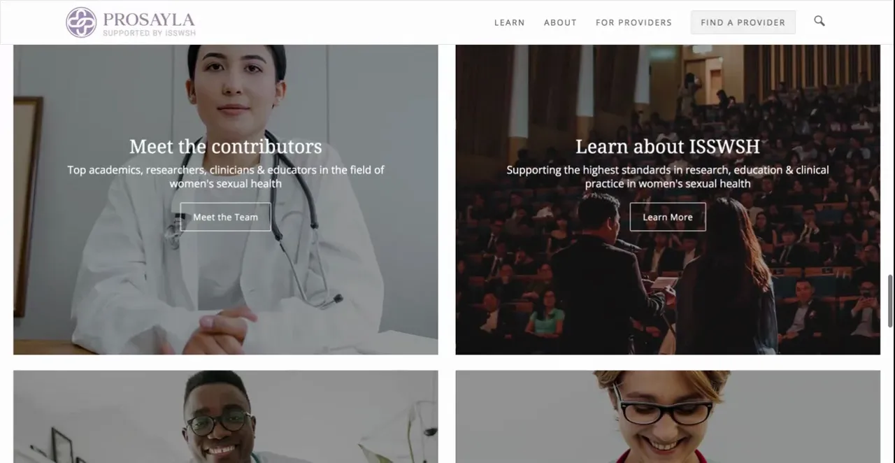 Two sections of the original Prosayla homepage: Meet the contributors and Learn about ISSWSH