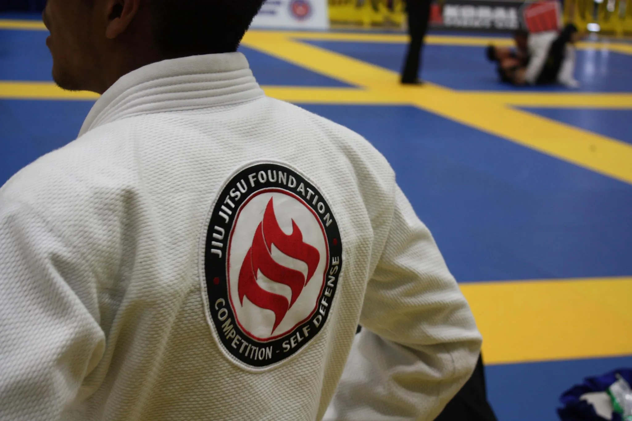 The Jiu Jitsu Foundation back patch on a white gi