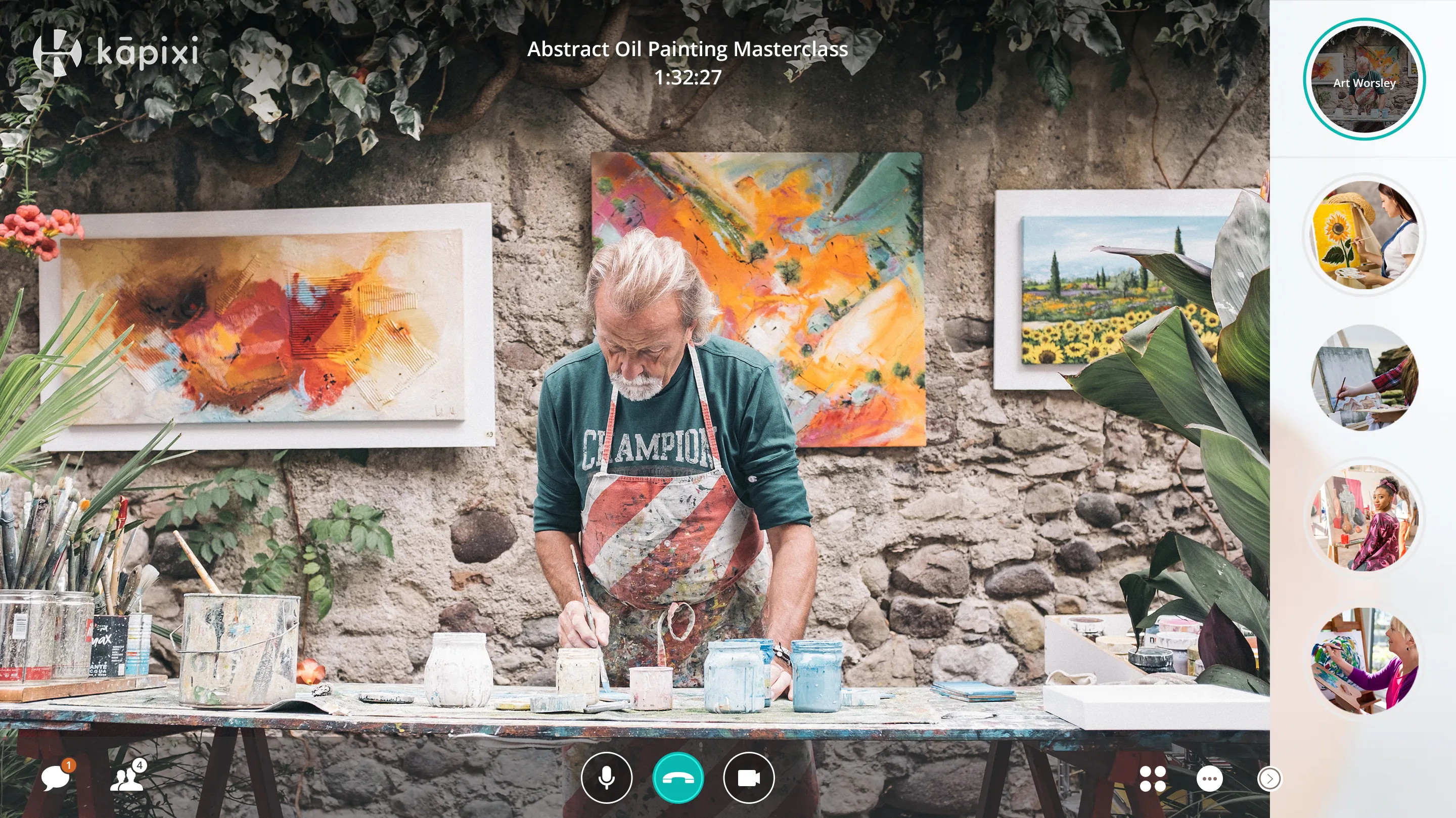 A live session: the facilitator painting on camera, a rail of participant tiles, and controls for chat, participants, microphone and camera