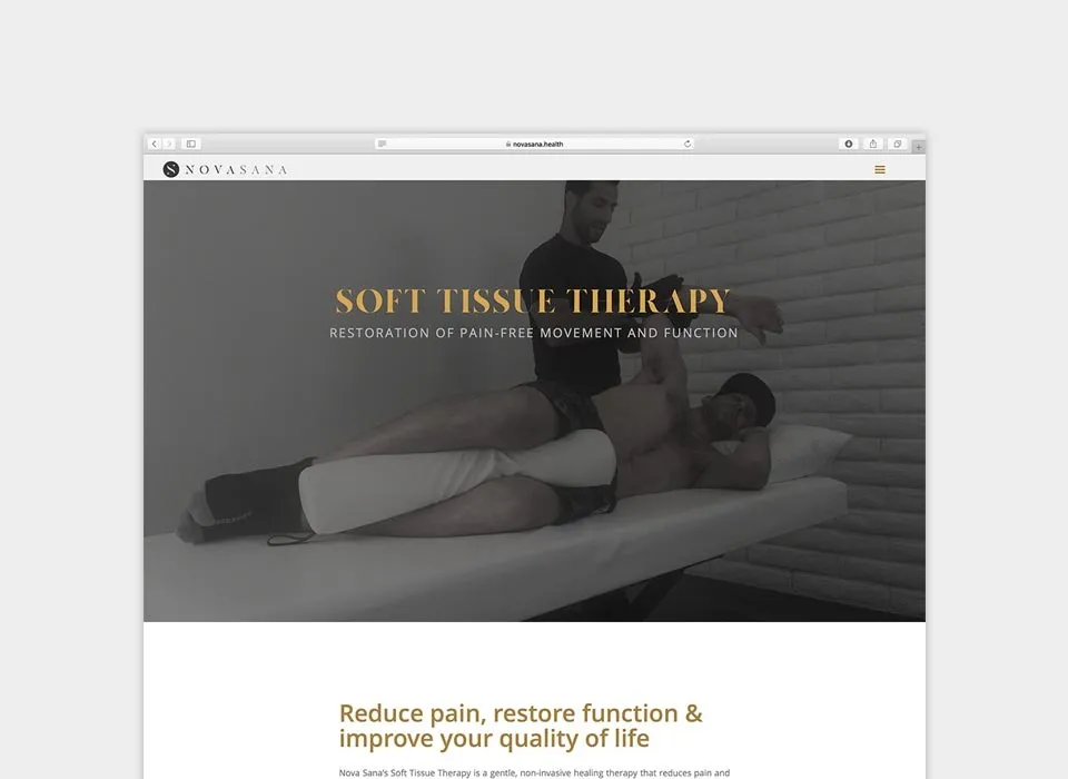 The top of the Keeks-era Nova Sana website in a browser: the header and navigation, a full-width photographic banner headed Soft Tissue Therapy, and the opening of the first written section below it