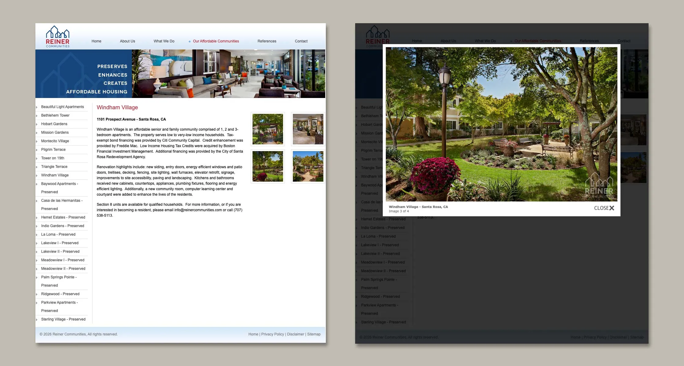 The Reiner Communities website: an affordable-communities page for Windham Village with a property description, community list, and photo gallery