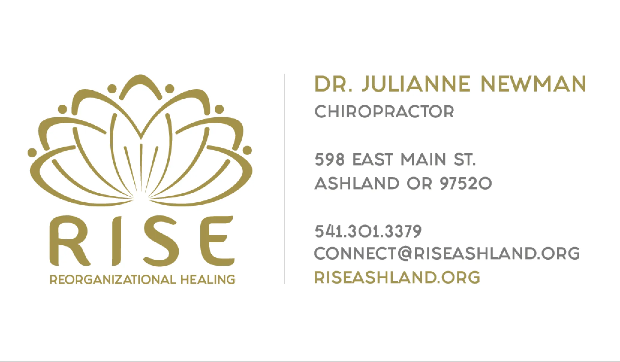 The business card front: the gold lotus mark beside the practitioner name, address, phone and email