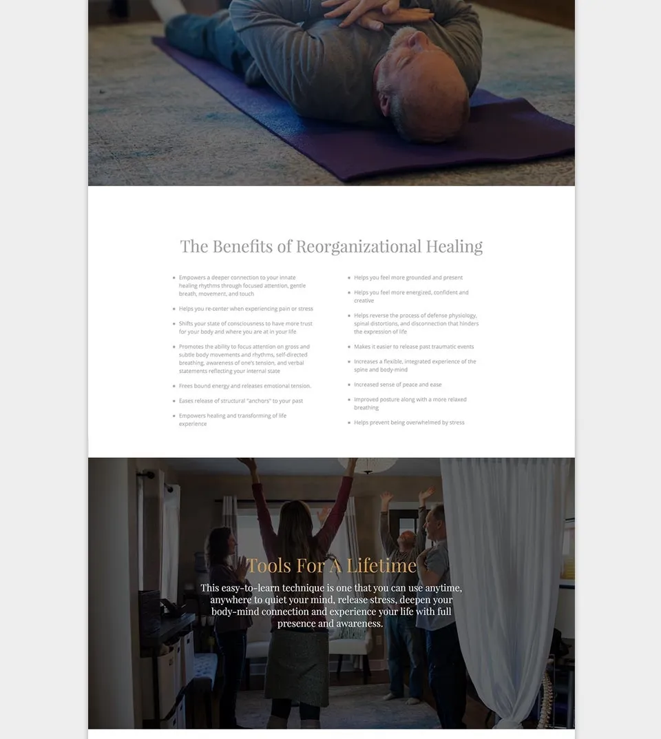 The middle of the website: the benefits of reorganizational healing, set out as two columns