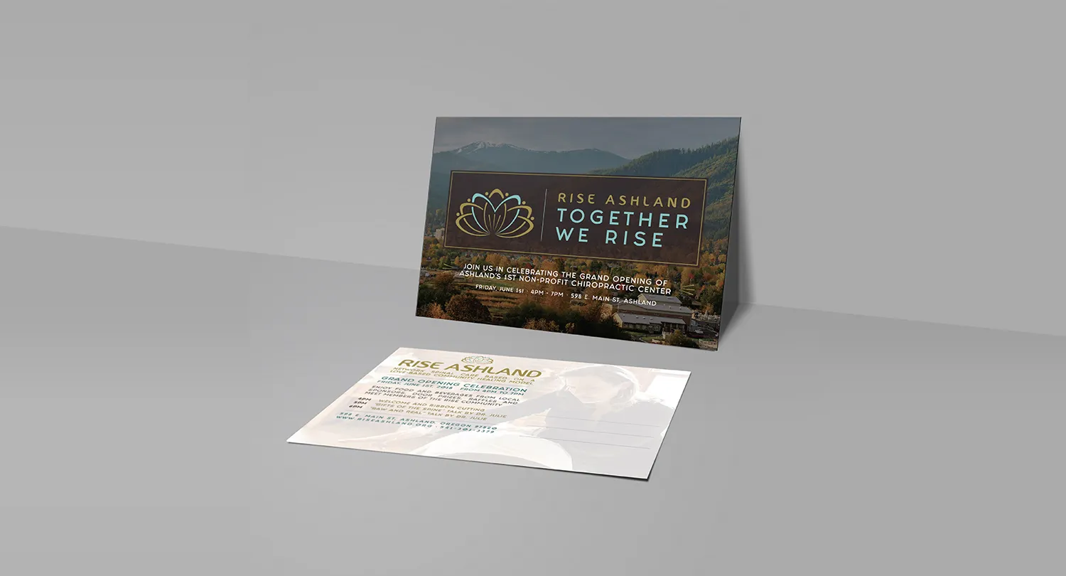 A printed invitation postcard reading Together We Rise, shown front and back