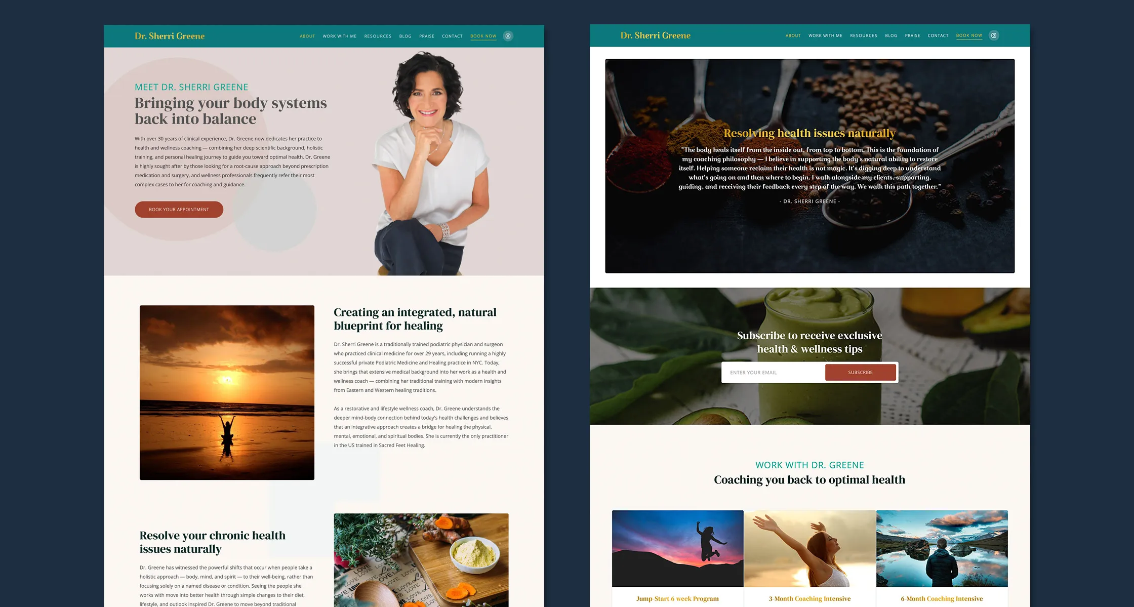 The Dr. Sherri Greene website homepage: a Meet Dr. Sherri Greene introduction, an integrated natural blueprint section, a coaching philosophy quote, a newsletter signup, and Work With Dr. Greene program options