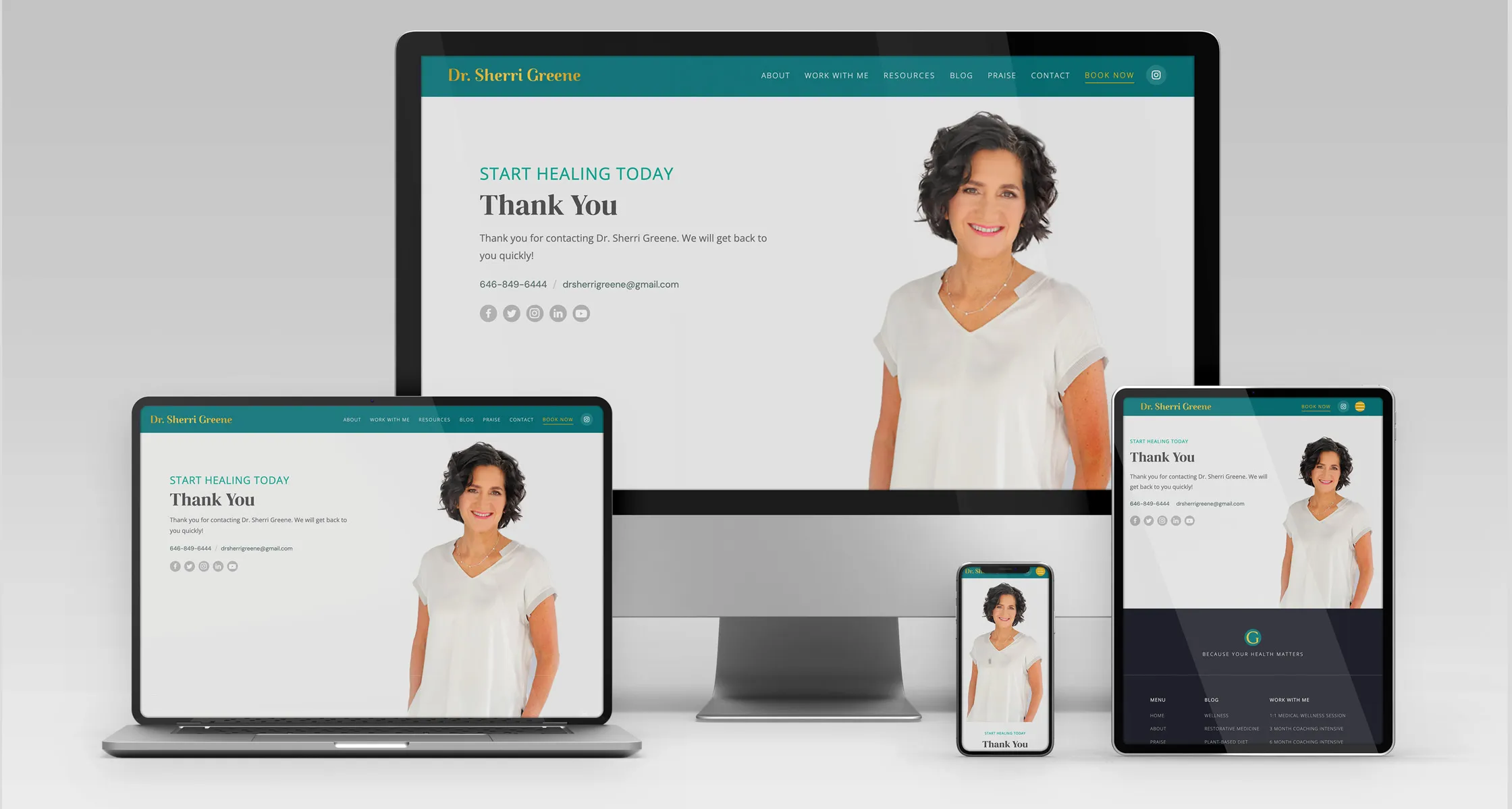 The Dr. Sherri Greene website shown across desktop, laptop, tablet, and phone, including the contact page and the footer with the circular G glyph and the Because Your Health Matters tagline