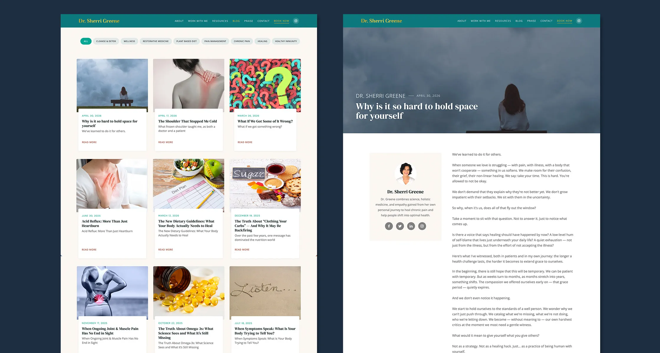The Dr. Sherri Greene website blog: an article index with category filters and an individual article page with an author byline