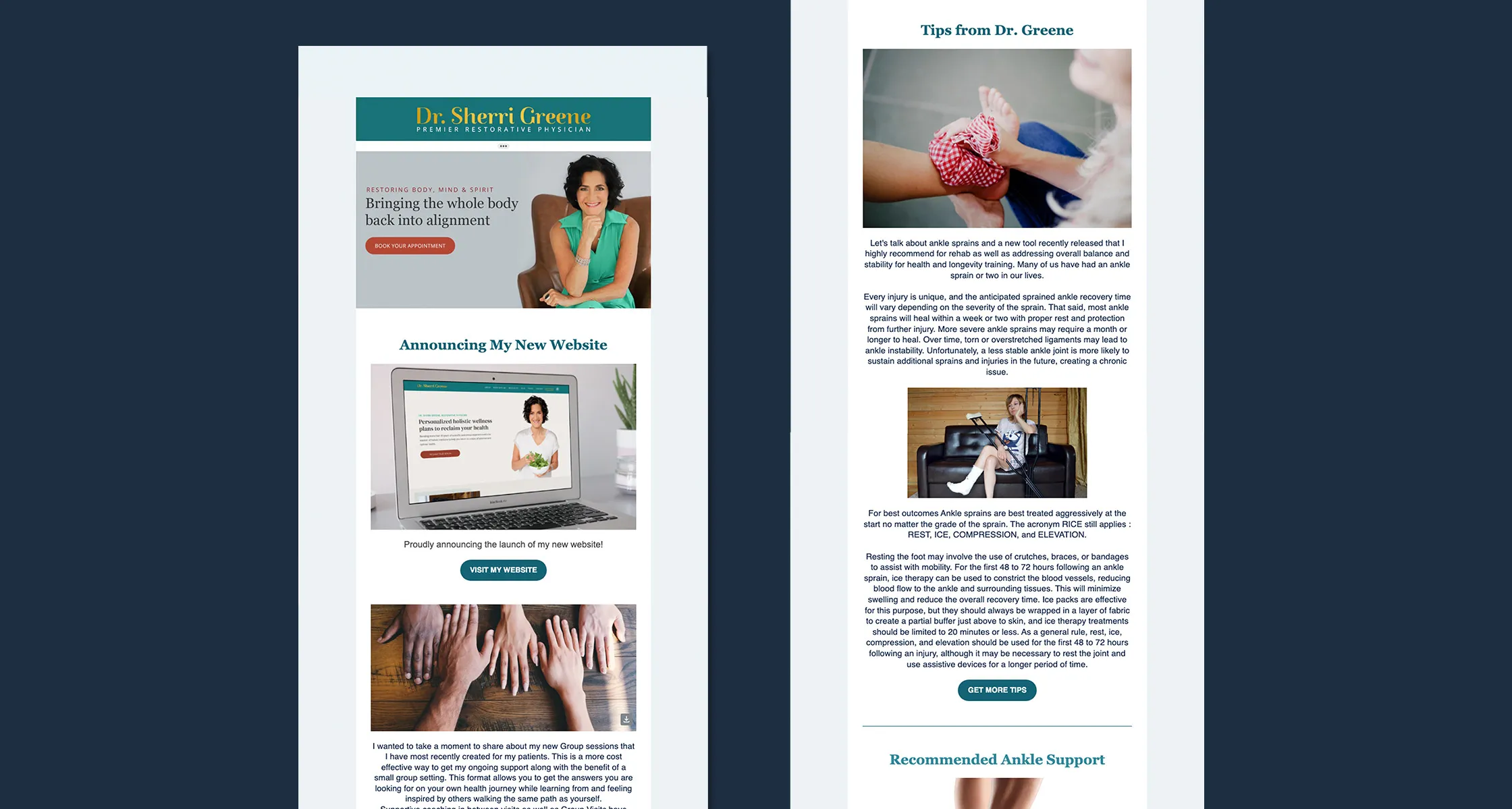 The Dr. Sherri Greene email newsletter template, with a branded header, a hero module, an Announcing My New Website section, and a Tips from Dr. Greene article