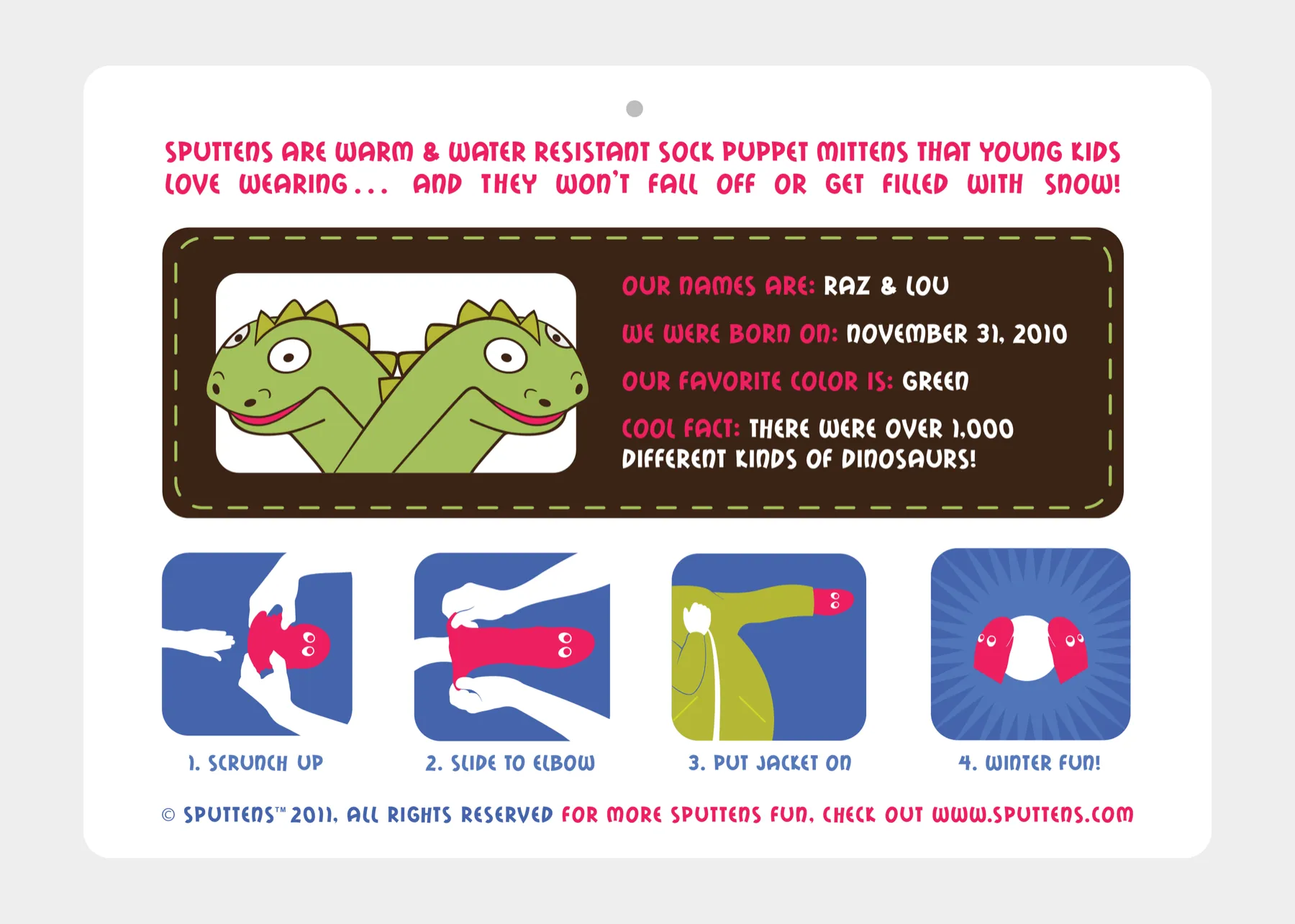 The character tag for Raz and Lou, the green dinosaur pair, giving their names, birthday, favourite colour and a fact, with four illustrated steps for putting the mittens on