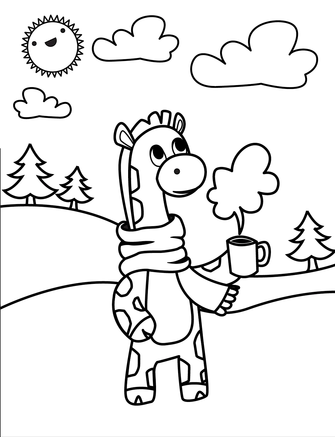 A coloring page: the giraffe character in a scarf holding a hot drink