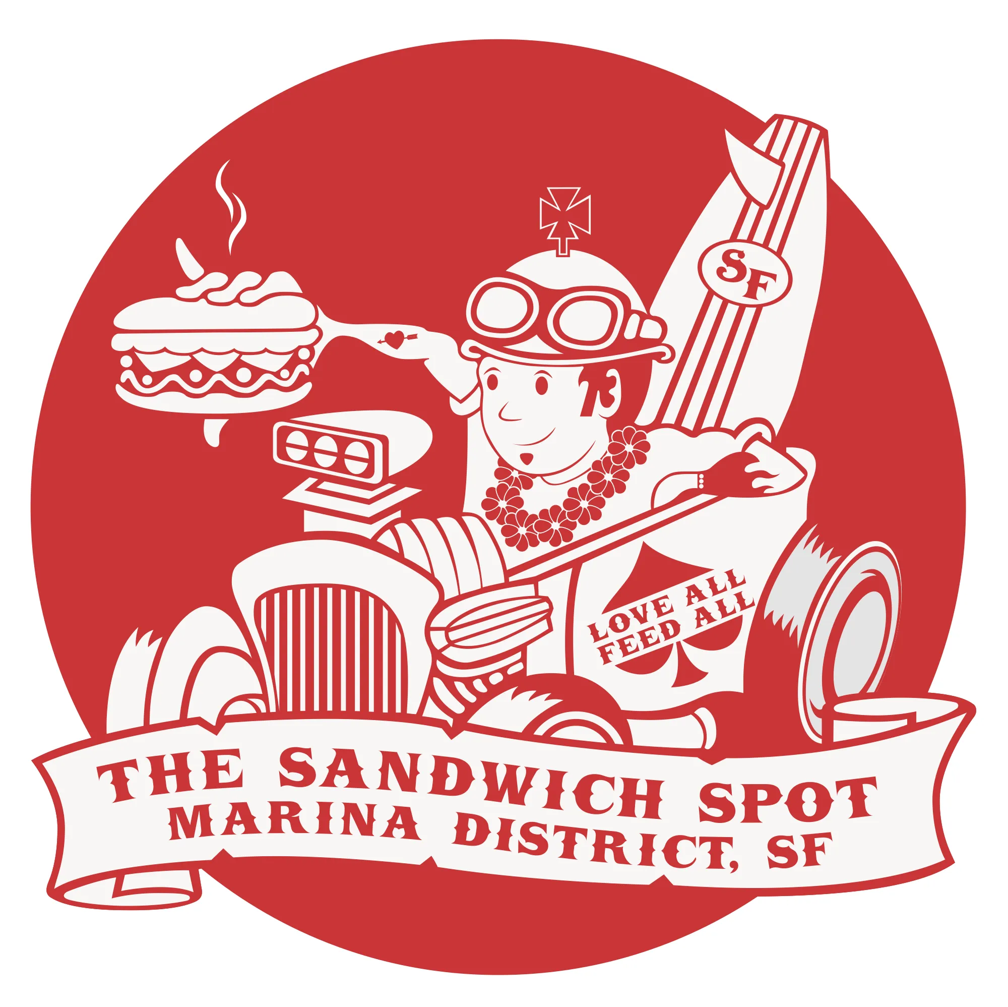 The Sandwich Spot mark: an illustrated hot-rod driver holding a sandwich, a surfboard behind him, inside a red disc over a banner reading The Sandwich Spot, Marina District, SF