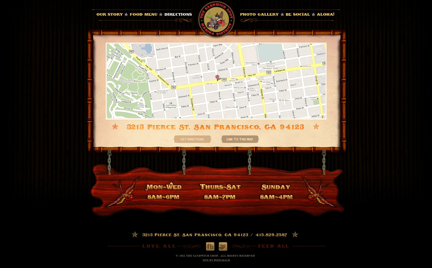 The website directions page, a framed map above opening hours set on a carved banner