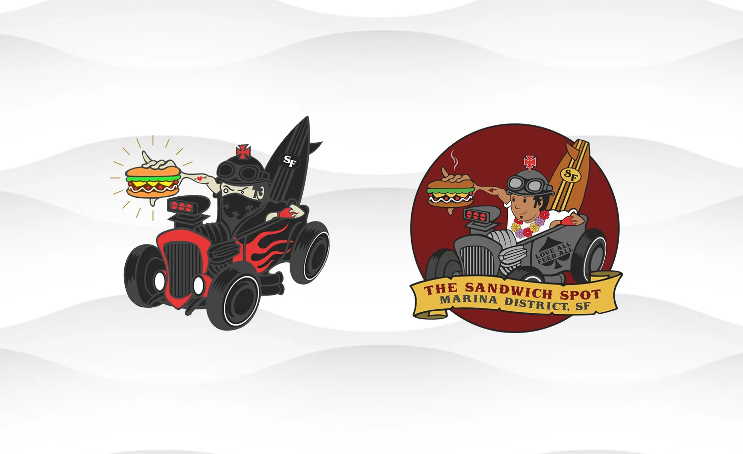 The illustrated logo system: the hot-rod character mark beside an alternate car illustration