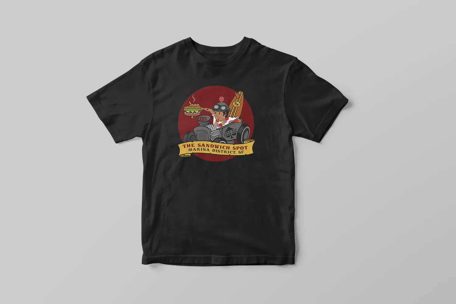 A black t-shirt printed with the illustrated mark