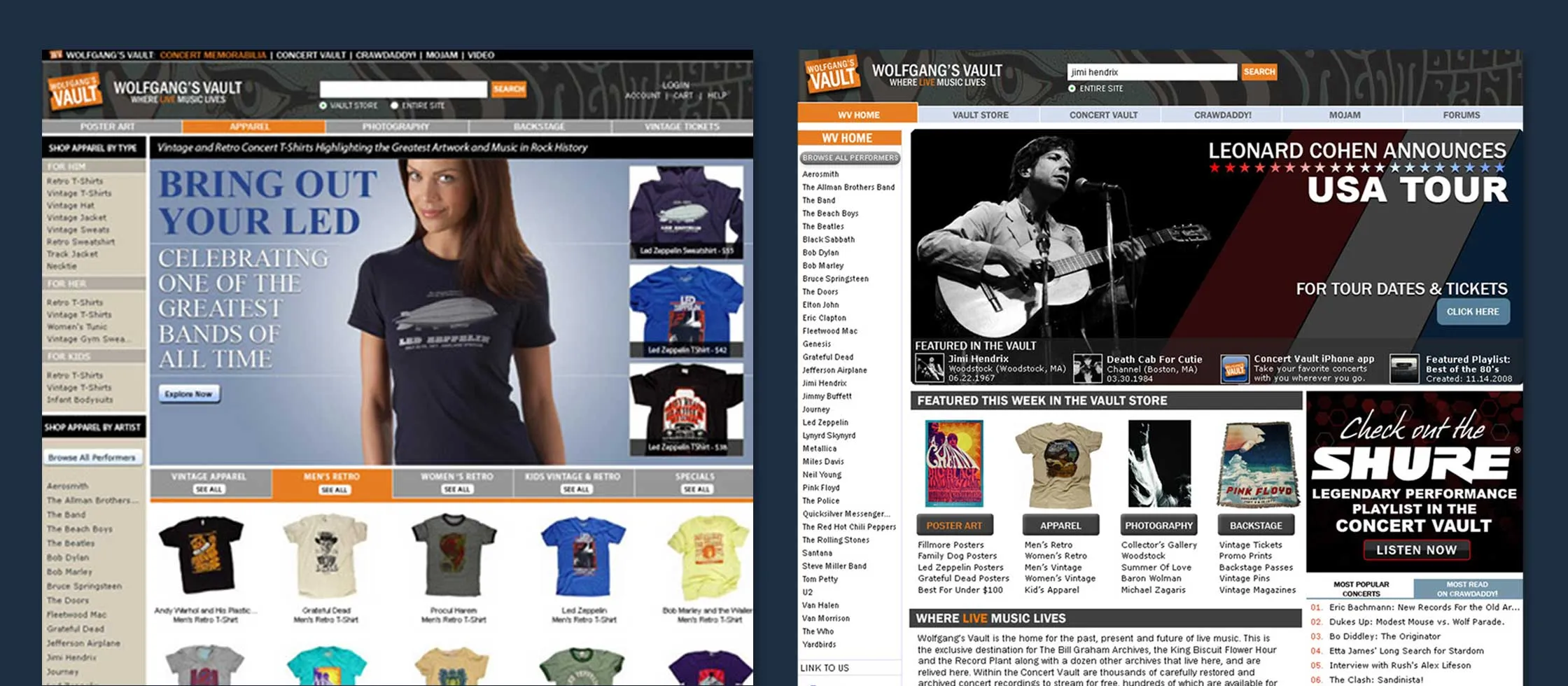 The Vault Store apparel section and the Wolfgang’s Vault homepage featuring a Leonard Cohen tour announcement, 2008