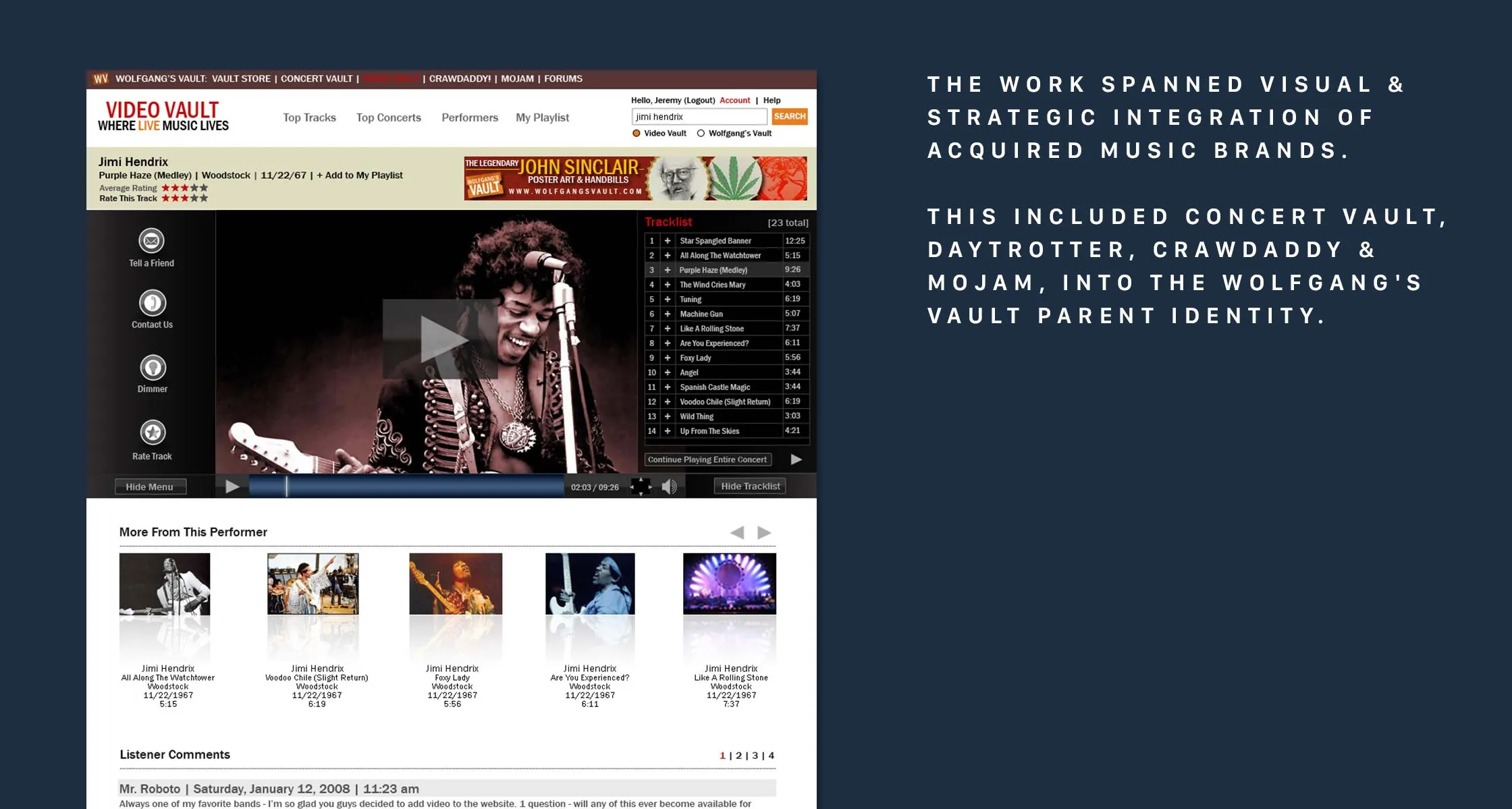 The Wolfgang’s Vault homepage and sub-brand navigation as designed in 2008
