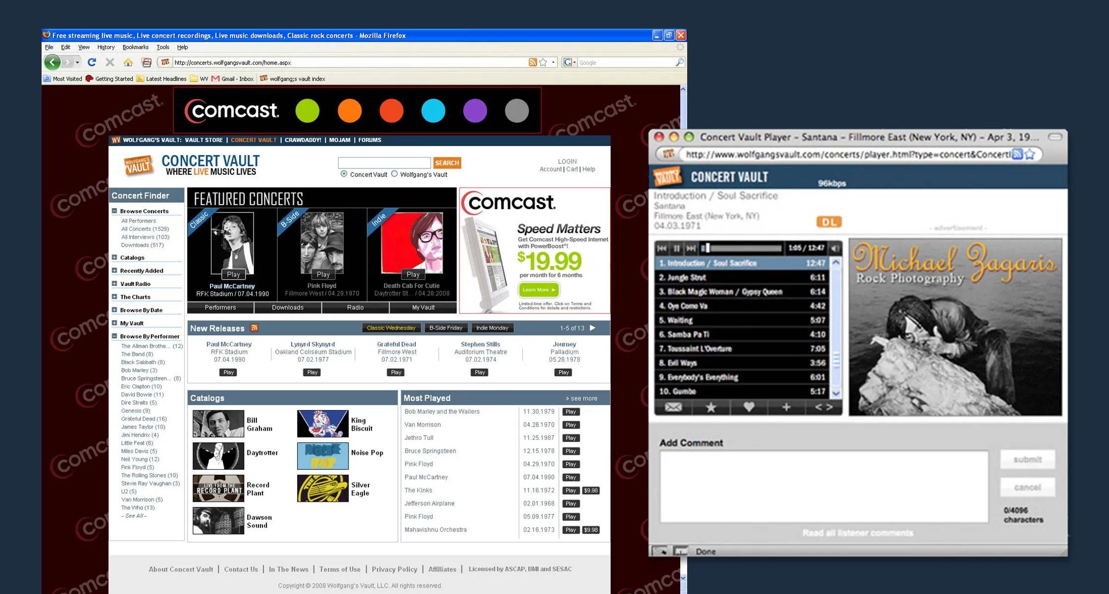 The Concert Vault site carrying a Comcast campaign takeover and the Concert Vault streaming player, 2008