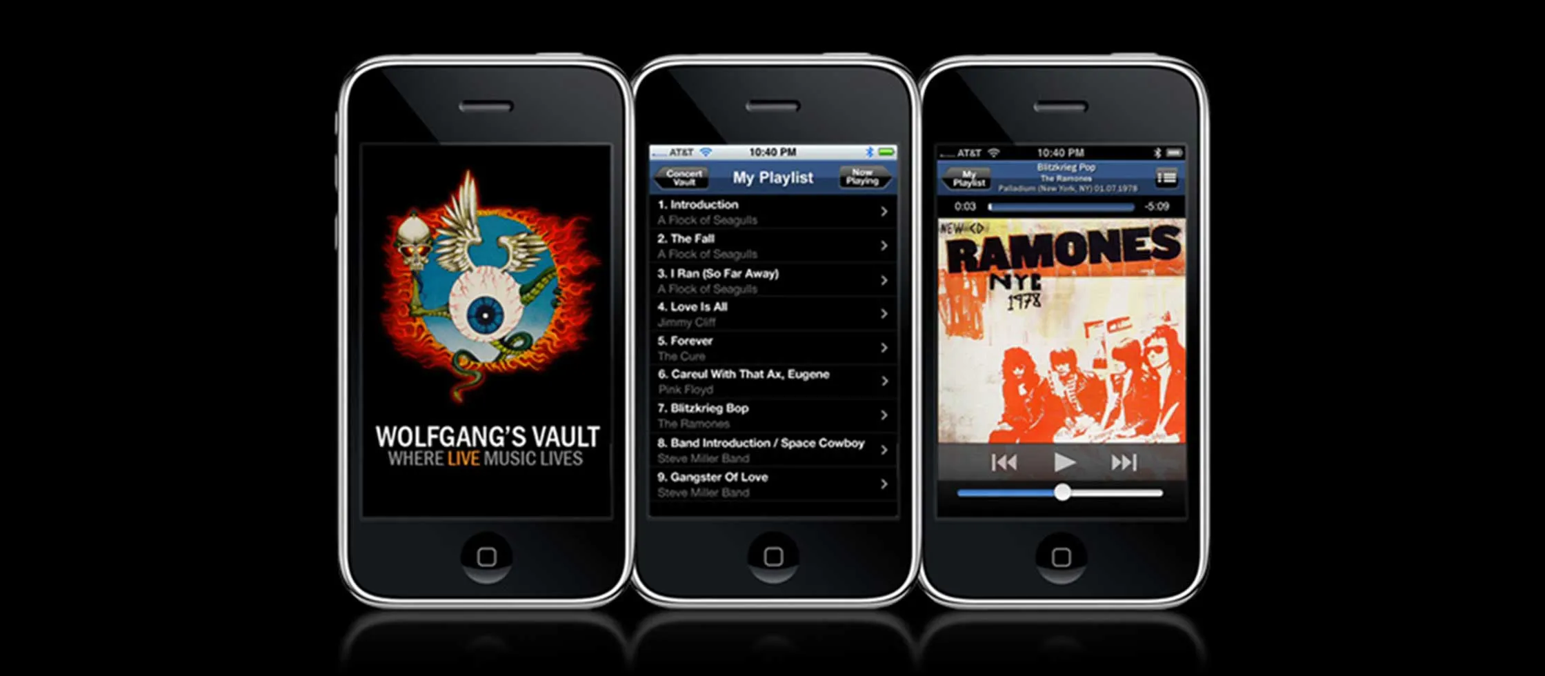 Three iPhones showing the Concert Vault app: the Wolfgang’s Vault splash screen, a playlist, and a Ramones recording playing