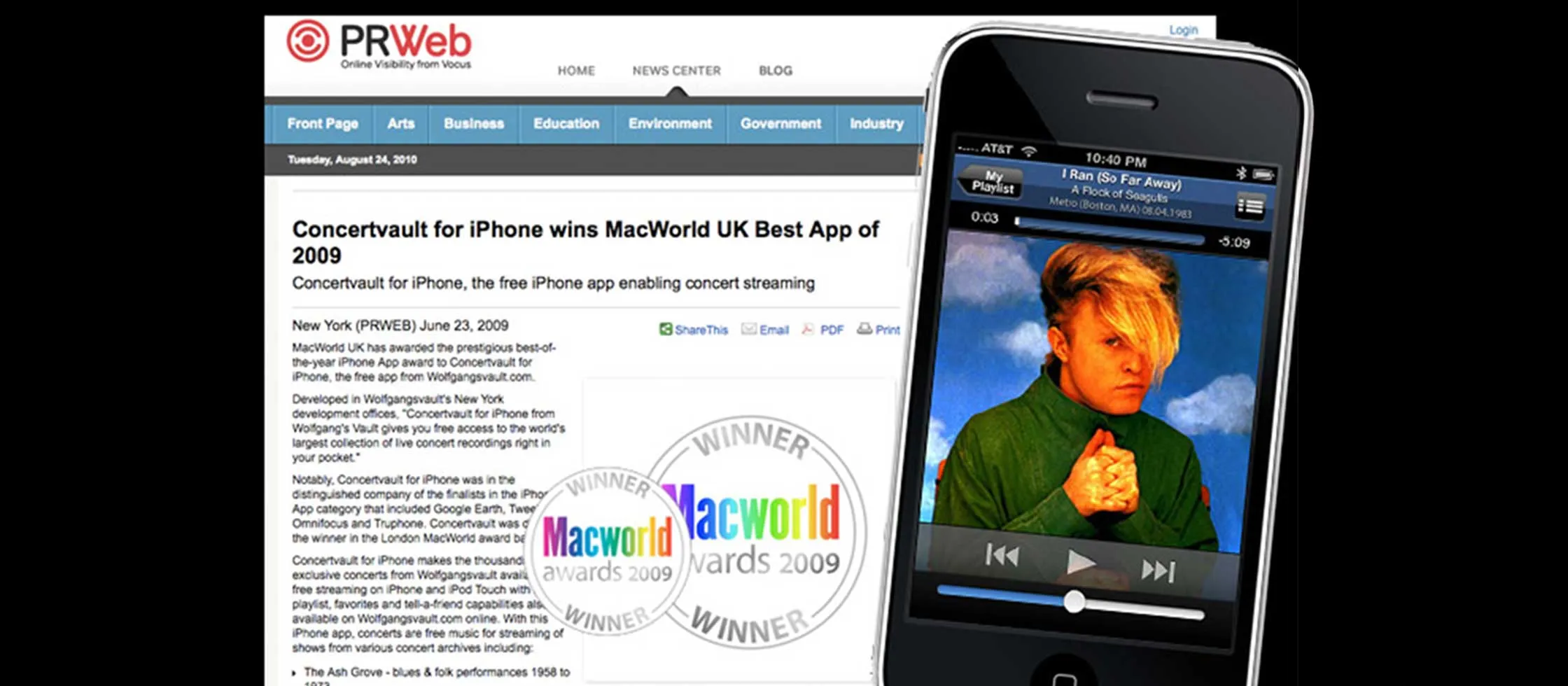 A press release announcing Concert Vault for iPhone as MacWorld UK Best App of 2009, beside the app playing A Flock of Seagulls