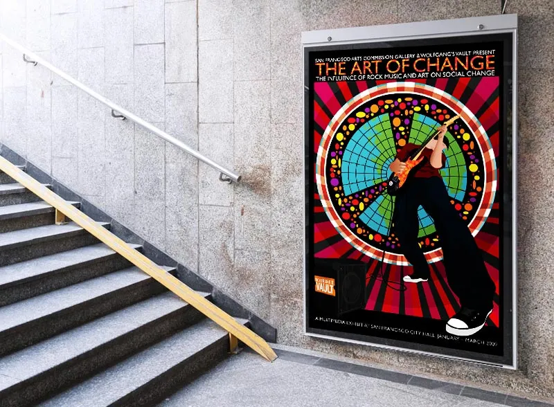 The Art of Change exhibit poster mounted beside a stairway, promoting a Wolfgang’s Vault multimedia exhibit at San Francisco City Hall