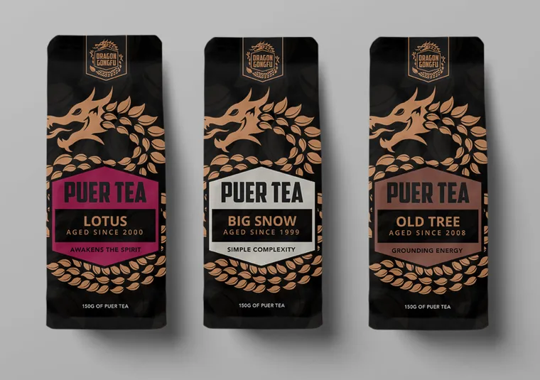 Three Dragon Gongfu Puer Tea packages designed by Keeks: Lotus, Big Snow, and Old Tree